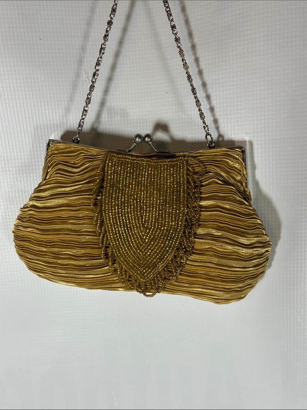 Vintage Bijoux Terner Gold Beaded Pleated Evening Clutch with Chain